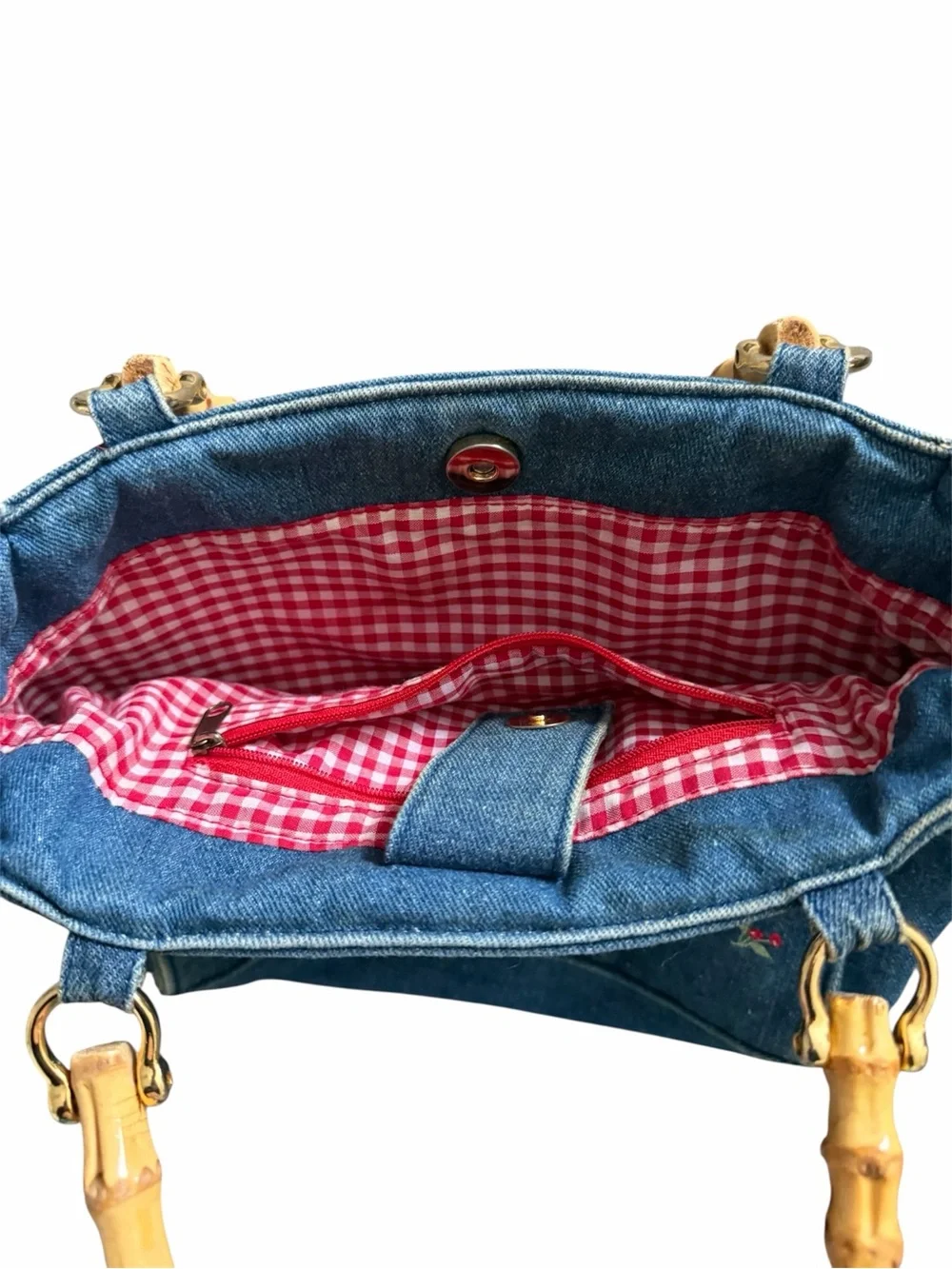 Tiannl Denim Cherry Embroidered Tote with Bamboo Handles